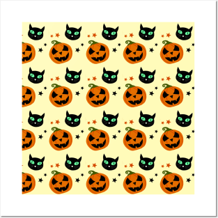 Halloween black cat and orange pumpkin pattern on light pastel yellow Posters and Art